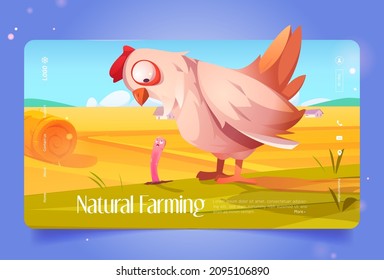 Natural farming cartoon landing page, funny chicken eating earthworm on autumn field with haystacks and yellow grass. Poultry farm, agriculture, farm production and organic food, Vector web banner