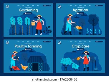 Natural farming flat landing pages set. Farmers planting and watering crop, feeding farm animals scenes for website or CMS web page. Poultry farming, agrarian, crop care, gardening vector illustration