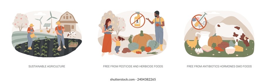 Natural farming isolated concept vector illustration set. Sustainable agriculture, free from pesticide, herbicide, antibiotics and hormones GMO foods, organic farm market, watering vector concept.