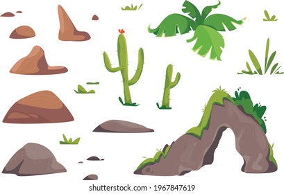 Natural features of the desert set. Stone, rock, cactus, grass, bush, palm. Vector illustration in cartoon children s style. Isolated funny clipart on a white background. Cute print