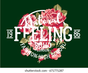 Natural feeling fashion roses, vintage vector print for woman girl shirt