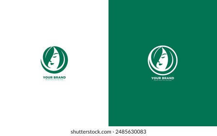 Natural female beauty logo. Woman icon, beautiful face, leaves, hair. Graphic vector illustration design