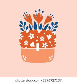 Natural female pad in a package. Clip art with container for menstrual pads with plants, flowers, leaves. Love my periods. Vector illustration in flat style for sticker, banner, badge. 