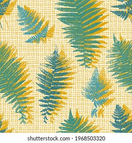 Natural Fern Leaf Print Silhouettes. Floral Background with Imitation Linen Burlap Texture. Stamp Leaves Vector Seamless Pattern. Textured Forest Plant Imprint Vintage Wallpaper. Yellow Green Color