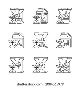 Fijación de iconos lineales de fertilizantes naturales. Aditivos orgánicos para el suelo y las plantas. Crecimiento en aumento. Símbolos de contorno de línea delgada personalizables. Ilustraciones aisladas del contorno vectorial. Trazo editable