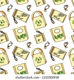 Natural fiber pouches and bags in doodle style. Zero waste concept. Plastic-free household. Eco living.