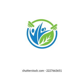 Natural fitness healthy people logo design. Green fitness logo with barbell and man and woman vector icon.