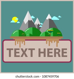 Natural flat include mountain tree and could in green background,Flat design with type text area or copy-space.