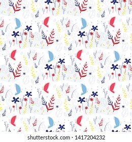 Natural Flat Seamless Pattern. Cartoon Flowers, Pant Leaves and Flying Butterflies. Repeat Vector Floral Illustration. Summer Time Theme. Abstract Texture, Wallpaper and Background Template
