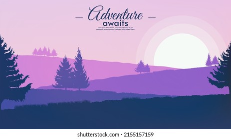 Natural flat style vector landscape. Hills with silhouette trees and grass. Relief field. Violet sunrise or sunset. Design for wallpaper, background, banner, touristic card.