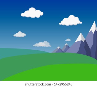 natural flat summer green landscape with mountains, green fields, hills, bright blue sky and fluffy clouds. stylized landscape with simple mountains. village green fields background. seasonal banner