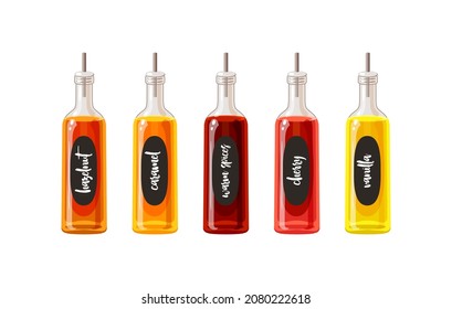 Natural flavored syrup bottles set for coffee drinks and cocktails. Vector illustration cartoon flat icon collection isolated on white background.