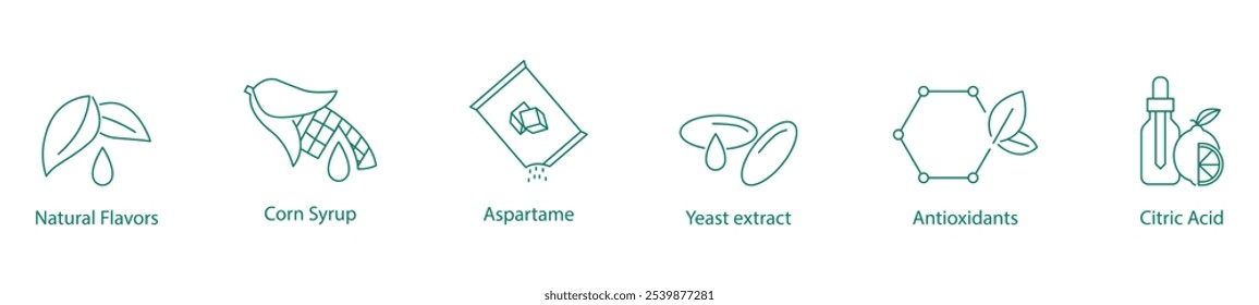 Sabores naturais, Xarope de milho, Aspartame, Extrato de levedura, Antioxidantes, Conjunto de ícone de vetor de ácido cítrico para aditivos alimentares