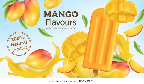 Natural flavoured mango popsicle surrounded by whole and sliced fruit and flowing juice. Place for text. Realistic 3D mockup product placement. Vector