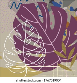 Natural floral background. Leaves, blades of grass and twigs. Grunge abstract textural elements. Terrazzo surfaces. Trend pattern. Bulrush and wildflowers. Exotic tropical leaves of monstera.
