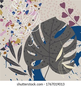 Natural floral background. Leaves, blades of grass and twigs. Grunge abstract textural elements. Terrazzo surfaces. Trend pattern. Bulrush and wildflowers. Exotic tropical leaves of monstera.