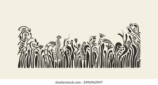 Natural floral banner with border of silhouette delicate blooming flowers and grass, cute horizontal background template with light copy space in abstract modern style