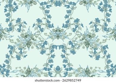 Natural floral baroque style pattern. Blue-green tone. Hand draw flowers. Ethnic flower pattern.  Floral seamless design print for all. Cloth, luxury, fabric, wrapping, textile 