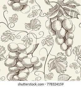 Natural floral decorative seamless pattern with bunches of grapes in sketch style on light background vector illustration