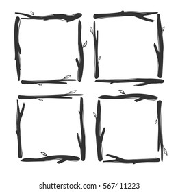 Natural floral frames isolated on white. Vector rustic frames made of sticks. 