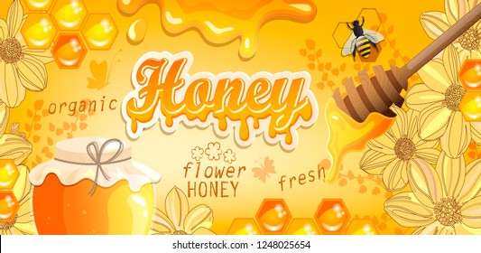 Natural floral honey banner with honeycombs, flowers, heather, bee and full glass jar. Flowing honey on colorful background. Template for brand, logo, advertise, label, packaging. Vector illustration.