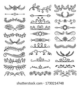 Natural floral linear text dividers set with leaves, flowers, berries, sun, star, branches, curls, flourishes. Ornamental symmetrical rule lines, borders, laurels, page decorations vector on white.