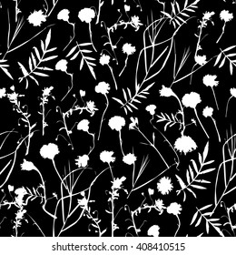 natural floral seamless pattern Graphic collection with leaves and flowers elements. Spring summer design for invitation, wedding or greeting cards. white silhouette, Black background. Vector