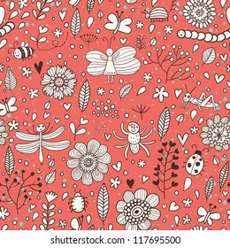 Natural floral seamless pattern in vector. Cartoon butterfly, spider, ladybird in flowers in vintage style