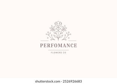 Buquê de flores naturais minimalista linha arte logotipo modelo vetor ilustração. Logotipo linear da botânica floral do florescimento orgânico para esteticista cosmética spa relaxe salão