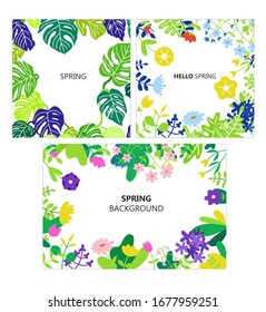 Natural flower frames in flat vector style - spring templates for banners, cards and landing pages.