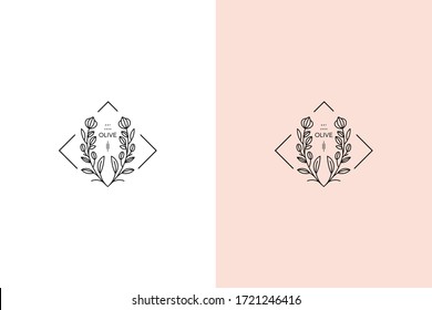 natural flower line minimlais logo design vector