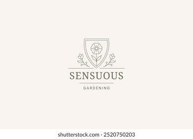 Natural flower in shield line art logo design template for beauty salon vector illustration. Beautiful organic floral botany linear logotype for spa wellness cosmetology skin hair care cosmetic brand