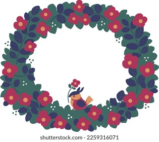 natural flower wreath and small bird frame illustration copy space