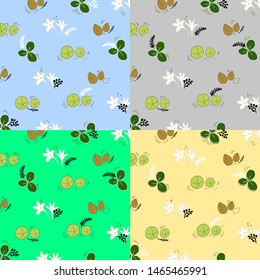 Natural flowers and leaves seamless pattern set.Set of four organic and natural fruits and herbs background pattern.
