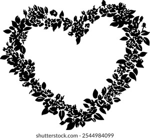 Natural flowers and leaves in the shape of a heart. Black and white drawing of an arch as a floral arrangement. Vector art.