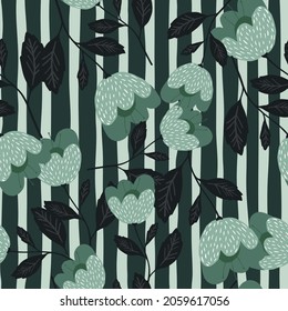 Natural flowers seamless pattern on stripe background. Floral wallpaper. Beautiful vintage botany texture. Pretty design for fabric, textile print, wrapping, cover. Vector illustration.