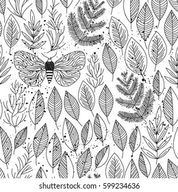 Natural foliage seamless pattern with butterflies. Hand drawn line art black and white leafs, branches, ink splashes. Vector illustration.