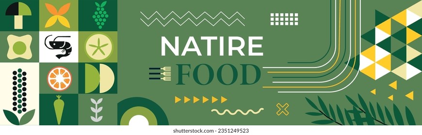 Natural food banner in flat style. Fruits and vegetables in simple Abstract geometric retro shapes.Great for flyer, web poster, natural products presentation templates, cover design.