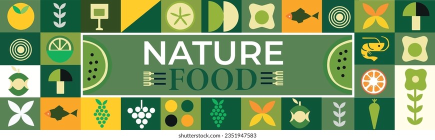 Pancarta de comida natural en estilo plano. Frutas y verduras en formas retro geométricas abstractas simples.Ideal para volantes, afiches web, plantillas de presentación de productos naturales, diseño de portada.