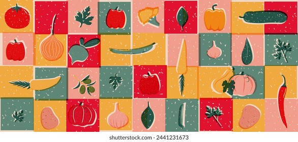 Banner de comida natural en arte pop, estilo risografo. Verduras, colores brillantes