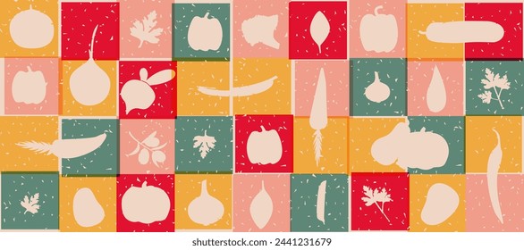 Natural food banner in pop art, risograph style. Vegetables, bright colors