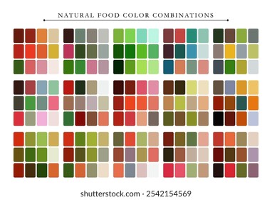 Natural food color palette. Trend color palette guide template. Fit for fashion designers, business, and paints colors company. Match combinations. Vector graphics. Eps 10.