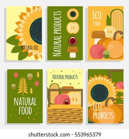 Natural food concept cards. Eco products banners set. Healthy food vector illustration. Harvest concept cards.