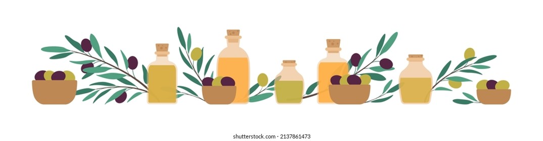 Natural food concept. Vector flat illustration. Olive, oil in bottle, leaf symbol isolated on white background. Horizontal frame.