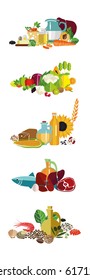 Natural food. Dairy products, meat, seafood, cereals, nuts. Compositions from products.