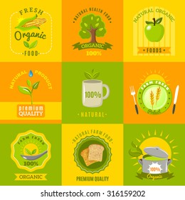 Natural food from ecologically grown crops and vegetables emblems flat icons set abstract isolated vector illustration