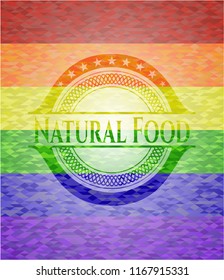 Natural Food emblem on mosaic background with the colors of the LGBT flag