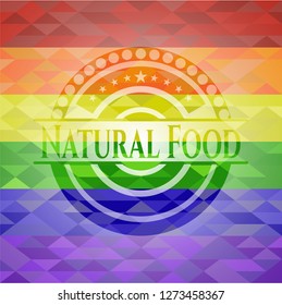 Natural Food emblem on mosaic background with the colors of the LGBT flag