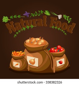 Natural food, farm products banner and bags with vegetables