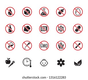 Natural food flat glyph icons set. Sugar, gluten free, no trans fats, salt, egg, nuts, vegan vector illustrations. Signs for packaging, expiration date. Solid silhouette pixel perfect 64x64.